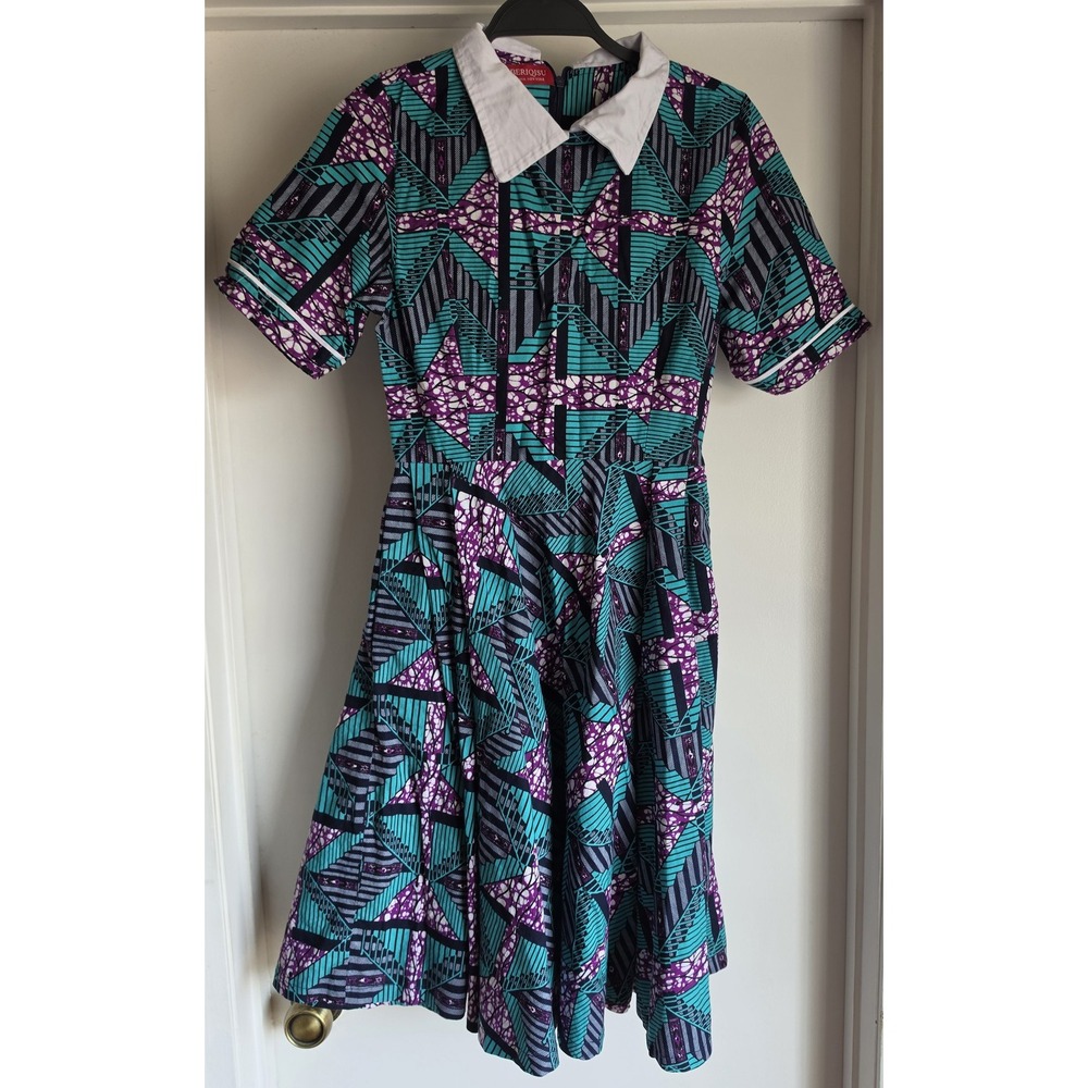Beriqisu Women Shirt Dress M Geometric Collared Short Sleeve Multicolor Midi